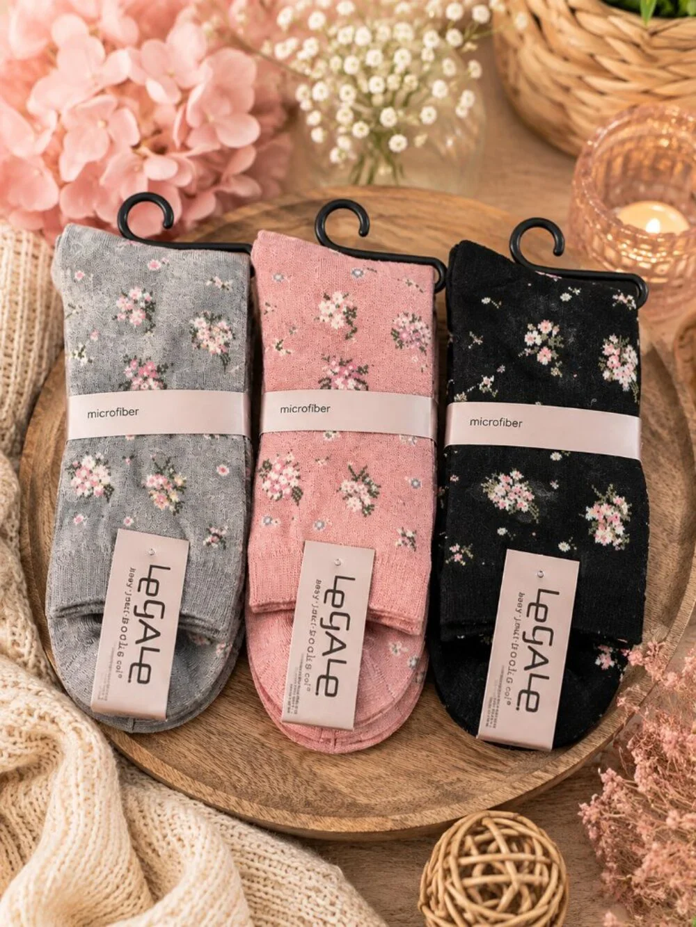 LeGale Floral Microfiber Crew Socks 3 Pair Set Pink Gray Black NWT